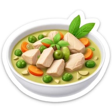 Green Chicken Curry Cinematic Realistic Green Chicken Curry Dish Emoji, depicted as tender chicken chunks simmered in a fragrant green curry sauce with vegetables, rendered with vivid textures and dynamic, vibrant lighting. sticker