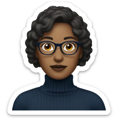 Woman with long, dark brown hair and glasses wearing a dark blue turtleneck  sticker