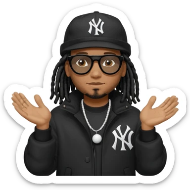 African American man with shoulder length black dreadlocks wearing black sunglasses with black bubble winter coat wearing a New York Yankees baseball hat with hands out sticker