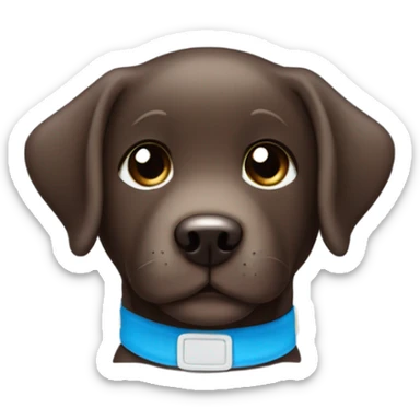 Warm Chocolate labrador puppy with small white fur on chest and cute blue collar sticker