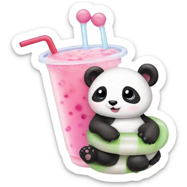 Bubble tea with a tiny miniature panda lounging on a itty bitty swim tube sticker