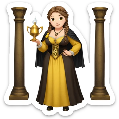 Helga Hufflepuff,brown-haired,2 braids,yellow-black medieval open dress,deep neckline,fat macromastia,black cloak decorated with gold braiding,gold cup with two handles,very kind smile,curvy busty sweet woman,round rosy cheeks,full length with medieval shoes sticker