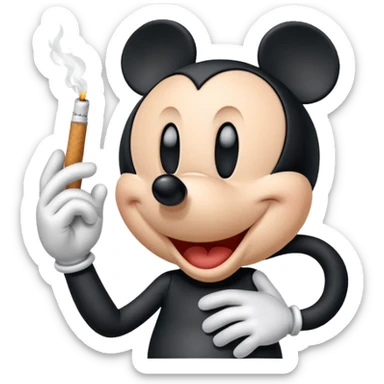 white cartoon glove hand inspired by Mickey Mouse holding a cigarette between fingers, simple rounded style sticker