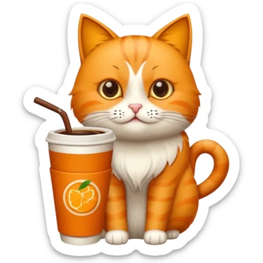 Gato naranja tomando café frio con un popote tomando el popote con sus patitas sticker