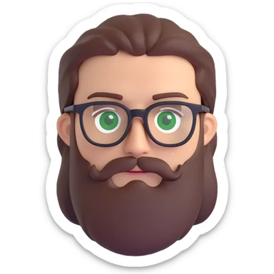 white male mid 30s green eyes black square glasses long brown beard with medium brown hair sticker