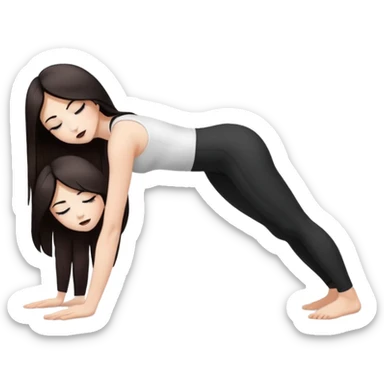 Девушка белокожая в позе собака мордой вниз, с длинными темными волосами, в коротком белом топе, в черных лосинах, с черными ресницами sticker