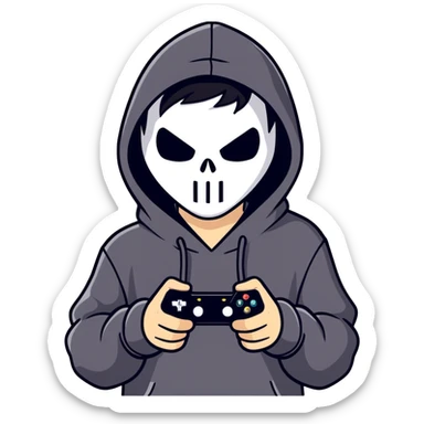 Cool coy kid with black hair playing video games and wearing a black hoodie with ghostface  sticker
