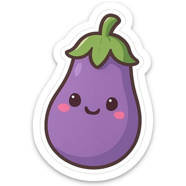 chibi sticker-style eggplant with a smiling face, cute and exaggerated sticker