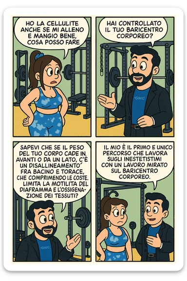 TRASFORMA QUESTO CAROSELLO IN UN FUMETTO STILE TOPOLINO CON QUESTE DUE PERSONE IDENTICHE CHE INTERLOQUISCONO TRA LORO:

LEI: Ho la cellulite anche se mi alleno e mangio bene, cosa posso fare?

LUI: Hai controllato il tuo baricentro corporeo?
LUI: Sapevi che se il peso del tuo corpo cade in avanti o da un lato, c’è un disallineamento fra bacino e torace, che comprimendo le coste, limita la motilità del diaframma e l’ossigenazione dei tessuti?
LUI: Il mio è il primo e unico percorso che lavora sugli inestetismi con un lavoro mirato sul baricentro corporeo. sticker
