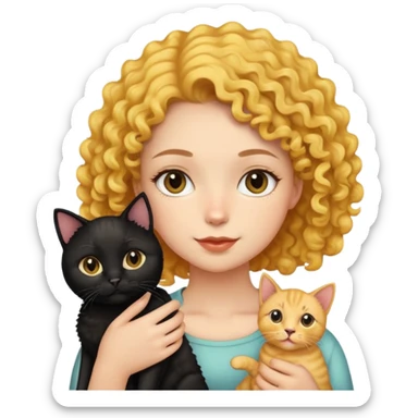The girl is holding a black cat, a yellow shorthair cat, and a curly-haired dog sticker