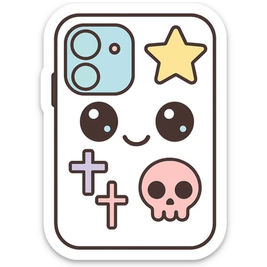 Remove any purse or purse-matching elements. Focus only on a white and black gothic kawaii phone case with big eyes, smiling, playful, cartoonish style, and gothic symbols. No purse references. No background. sticker