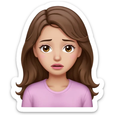 girl with wavy long brown hair, brown eyes, light to medium complexion, long lashes, light pink lipstick, wearing light pink shirt, weeping with big tears sticker