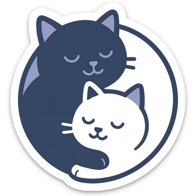 yin-yang symbol made of a black cat and a white cat, curled up together, peaceful expression, stylized, clean lines, minimal background sticker