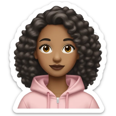 A mixed-race girl with medium-length black a bit loose curly hair, with makeup including concealer, mascara, noticeable blush, and a lip look featuring a light brown lip liner blended with a soft pink shade. She’s dressed in a black Nike hoodie. sticker
