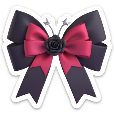 3D emoji gothic bow, dark crimson satin, black rose center, and silver thorn accents sticker