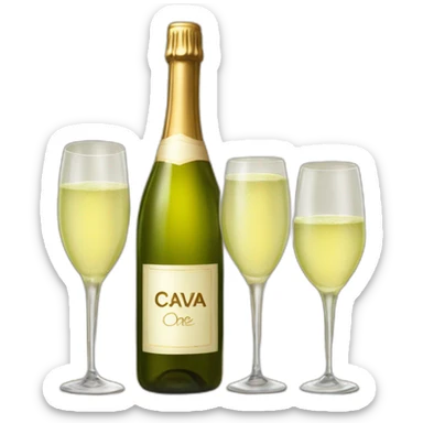 only one big bottle with sign "CAVA" and two same clinking glasses of white wine sticker
