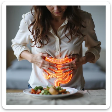 adult woman, photorealistic, on diet for intestinal problems, hands pressing abdomen, face contracted in pain, light food plate in front, intestines highlighted in transparency, natural light, home background sticker
