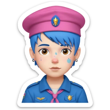 scout boy with very pink scout uniform, blue haired and hat, tattoed sticker