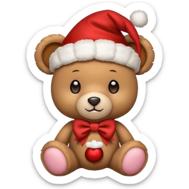 cute teddy bear with a bow on ears and christmas hat on head sticker
