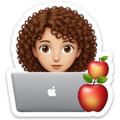 person with brown eyes and short-medium brown curly hair peeking over an Apple laptop sticker