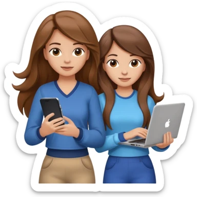 two brown haired girls, looking professional maybe leaned back on back and looking forward and using phones, with longer hair and with some cute clothes without ties, blowout hair, one girl can hold lap top athoer one can hold the phone sticker