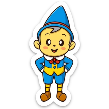 Cartoon Pinocchio puppet with growing long nose, blue outfit and pointed hat sticker
