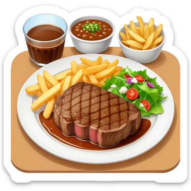 big juicy australian steak meal featuring chips, small salad in a ramiken and gravy  sticker