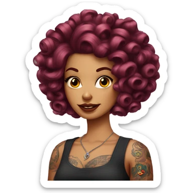 Beautiful tattooed  burgundy long haired woman with curlers in her hair sticker