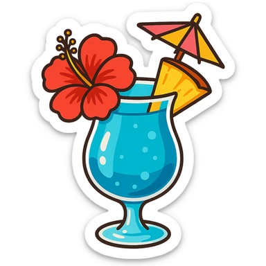 blue tropical cocktail with hibiscus, pineapple, and paper umbrella garnishes, vibrant flat toon style sticker
