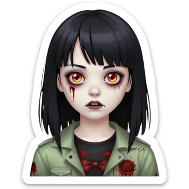 uma menina zumbi com cabelo preto e liso e uma franja. ela tem um estilo meio emo sticker