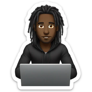 Black-guy-with-dreads-wearing-black-trackstuit-sitting-down-on-chair facing-foward-focused-on-laptop-computer- sticker