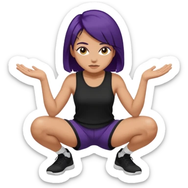 Cabelo roxo escuro grande fazendo agachamento com uma blusa grande preto e short preto sticker