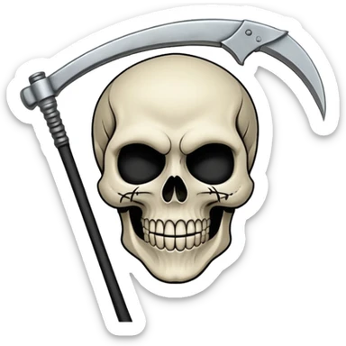 A laughing skull with a scythe crossed behind it, one eye socket winking. Clean, stylized lines, flat vector. Medieval woodcut style. Black and white with one accent color (tarnished silver). No background. sticker