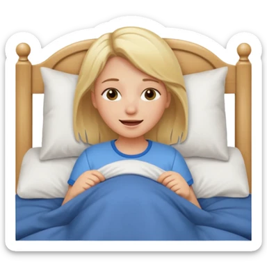 Blondt hår, trøtt i senga, jente, veldig blid sticker