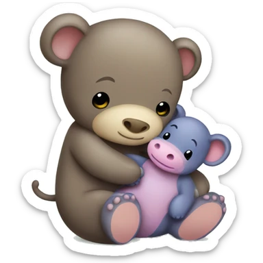 brown teddy bear hugging a baby hippo sticker