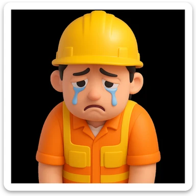Make the sad construction worker look even sadder, with tears, slumped posture, and a gloomy expression in 3d-emoji style sticker