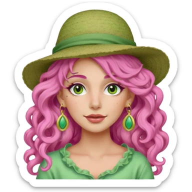 pink haired very long curly haired woman with full face light green clay mask  and big earrings and hat sticker