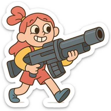 funny, positive stalker girl named Businka with a huge machine gun sticker