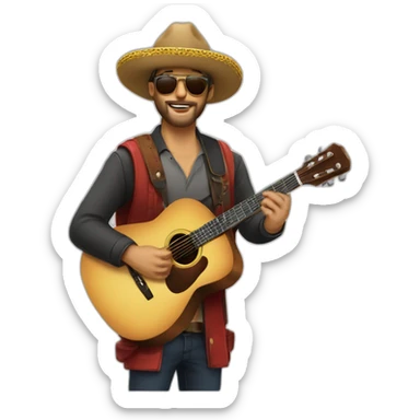 Cantautor con sombrero barba gafas y guitarras sticker