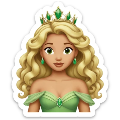 Disney Princess Tiana with extremely long blonde curly hair, green dress sticker