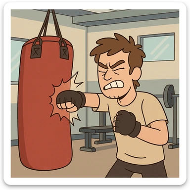 Hit a punching bag – to punch a padded bag for exercise or stress relief.
He went to the gym to hit a punching bag and blow off steam. Background Gym
 sticker