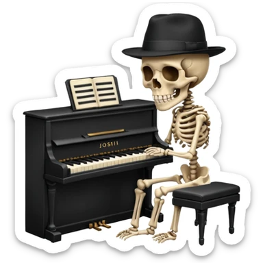 A human skeleton wears a black hat and plays the piano. sticker
