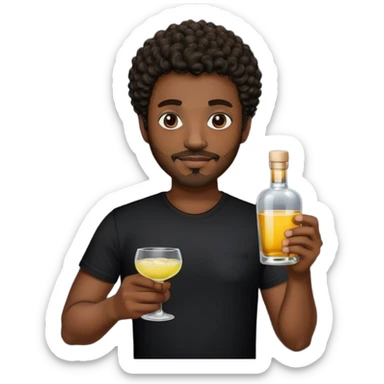 dark black guy, short curly hair, facial hair, holding tequila, black shirt  sticker