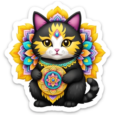 Black-yellow-white pussycat holding mandala  sticker