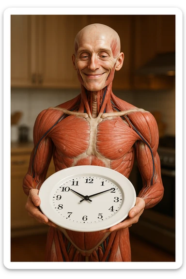 corpo umano anatomico, che tiene in mano un piatto bianco con la lancette di un orologio sopra, figura visibile fino ai fianchi, espressione del volto soddisfatta, sullo sfondo la sua cucina sfocata, iperrealistico 4k sticker