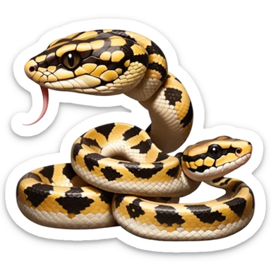 A close-up 3/4 view of the Ball Python with the front half raised slightly in an S-shape and its tongue flicking out. The head is angled curiously toward the viewer, showing both personality and motion. sticker
