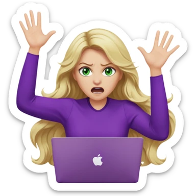 lady with long wavy blonde hair, purple top, green eyes, throwing her with a purple mac laptop hands in the air screaming, looking angry sticker