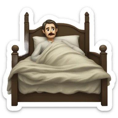 A sick man on a bed in 1870 with normal face sticker