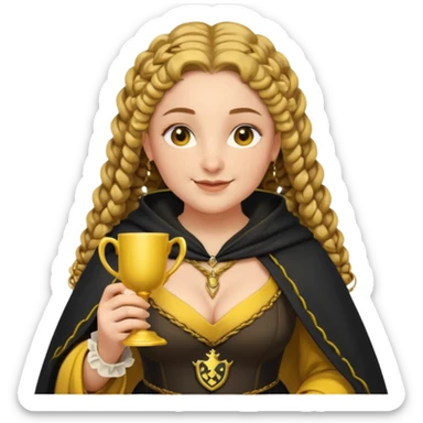 Helga Hufflepuff, 2 curly thick brown braids, yellow-black medieval dress, black cloak decorated with gold braiding, tiny two-handled shiny yellow-gold cup, very kind smile, curvy busty sweet woman, thick rosy cheeks sticker