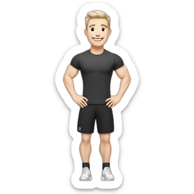 Joyful Celebrating victory Pale skinned Fit Man With the biceps and dark brown hair in black shirt, gray sports shorts and white Sneakers sticker